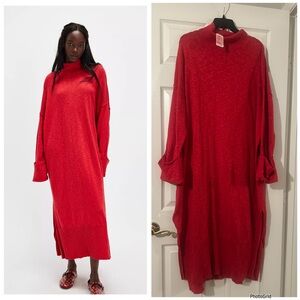Free People Vibrant Red Long Sleeve Sweater Dress